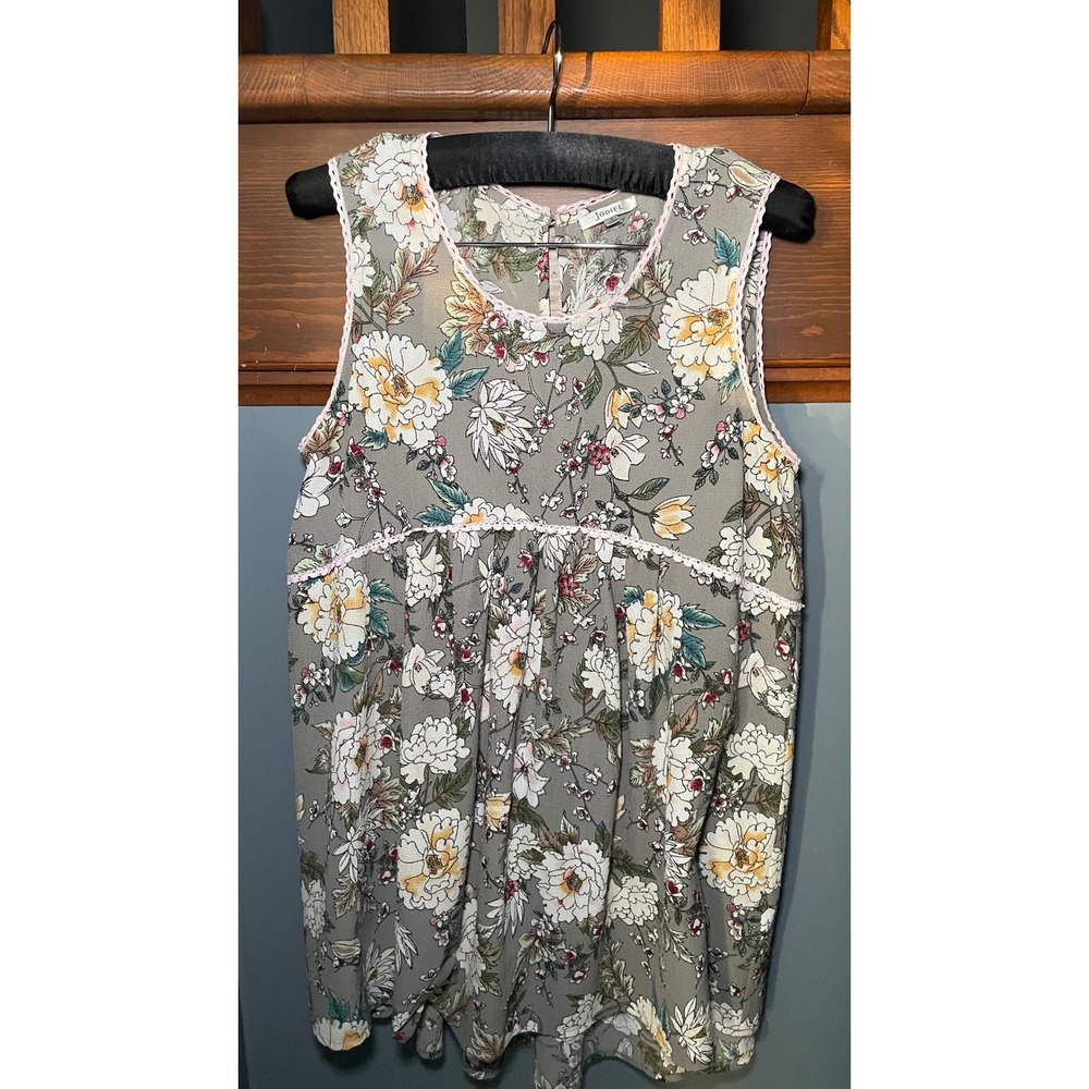 Jodifl Womens Floral Sleeveless Blouse Sage Green Pink Crochet Trim Boho Top S